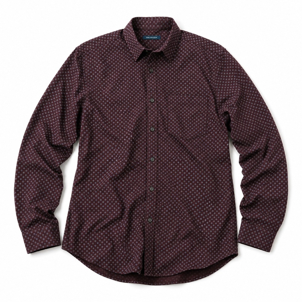 Perry Ellis Geometric Print Button Up Shirt Burgundy Brown Men's Medium Cotton